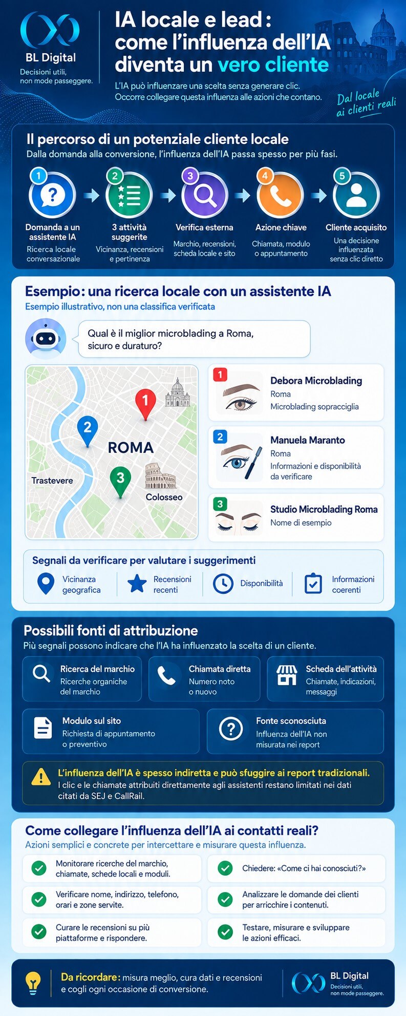IA generativa e lead locali: come collegare le citazioni IA a lead reali 2 nfografica in italiano con un percorso a tappe tra assistente IA, ricerca del brand, chiamata e cliente, accanto a un esempio di raccomandazioni locali su mappa per tre idraulici.