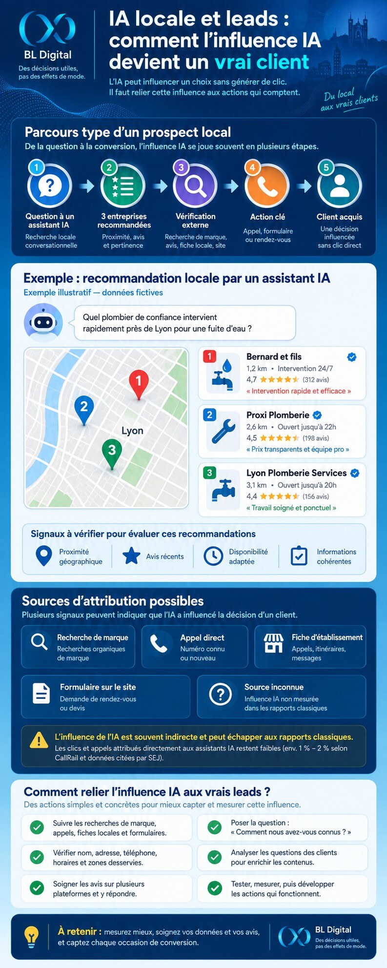 IA générative et leads locaux : comment relier des citations IA à de vrais leads 2 Illustration d’un assistant IA comparant des entreprises locales à partir de leur proximité et des avis.