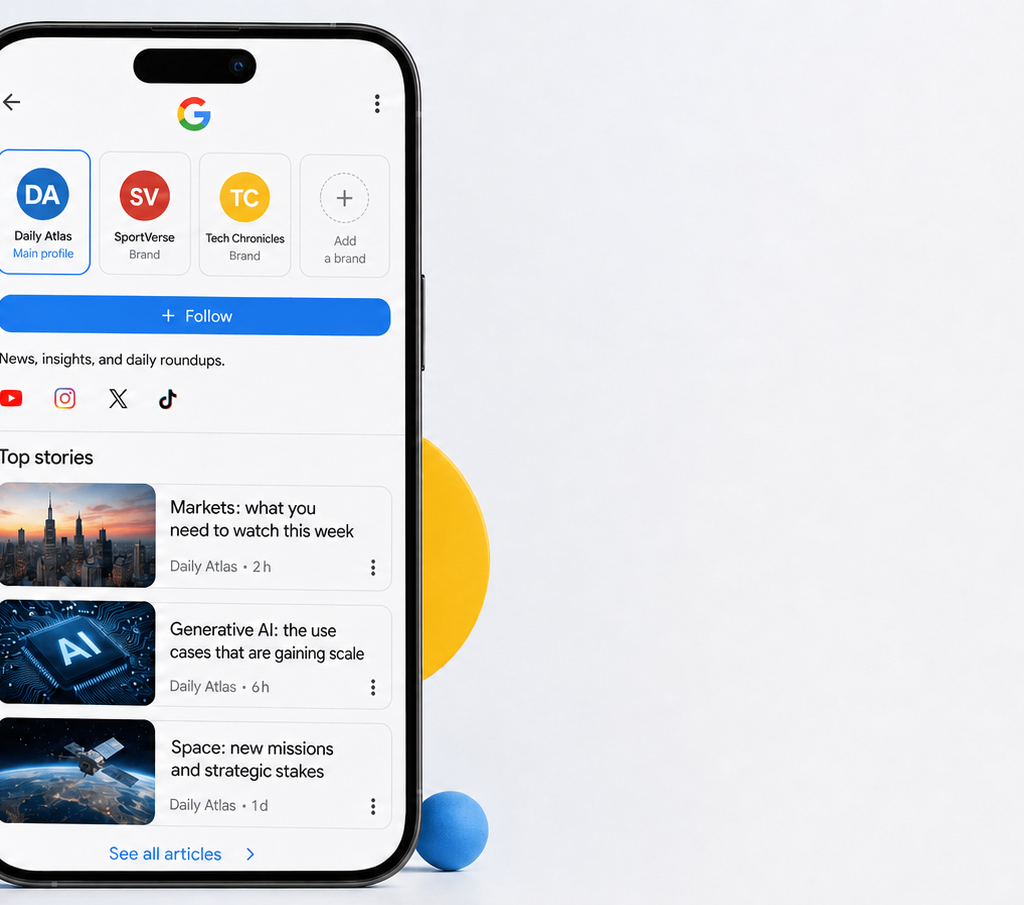 A smartphone screen shows a Google profile page with several brand icons, social platform logos, and a list of recent articles against a colorful studio background.