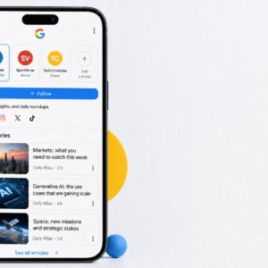 A smartphone screen shows a Google profile page with several brand icons, social platform logos, and a list of recent articles against a colorful studio background.