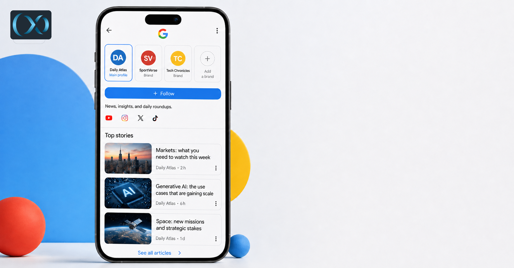 A smartphone screen shows a Google profile page with several brand icons, social platform logos, and a list of recent articles against a colorful studio background.