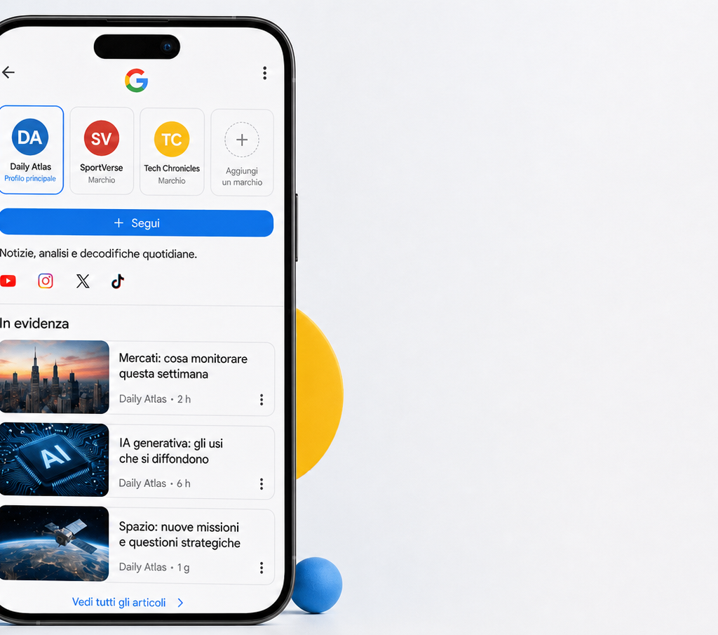 Smartphone che mostra un profilo Google con più marchi, pulsante Segui e una lista di articoli in evidenza.