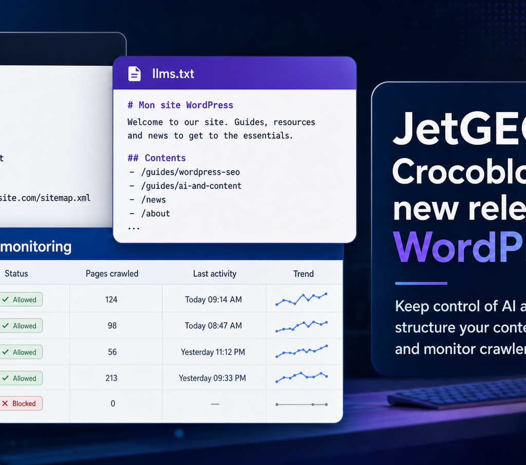 Promotional graphic showing sample robots.txt and llms.txt panels alongside an AI crawler monitoring dashboard next to JetGEO branding for WordPress.