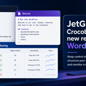 Promotional graphic showing sample robots.txt and llms.txt panels alongside an AI crawler monitoring dashboard next to JetGEO branding for WordPress.