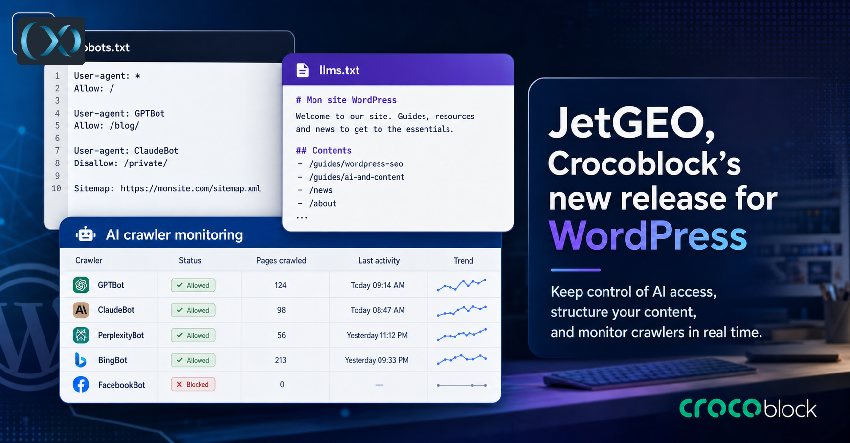 Promotional graphic showing sample robots.txt and llms.txt panels alongside an AI crawler monitoring dashboard next to JetGEO branding for WordPress.