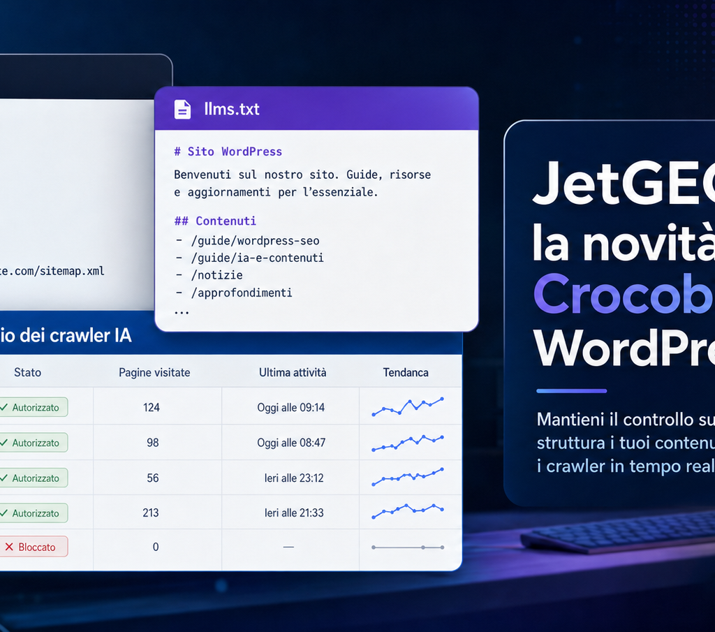 Grafica promozionale di JetGEO con pannelli che mostrano file llms.txt, regole per bot IA e una tabella di monitoraggio dei crawler in un’interfaccia WordPress.