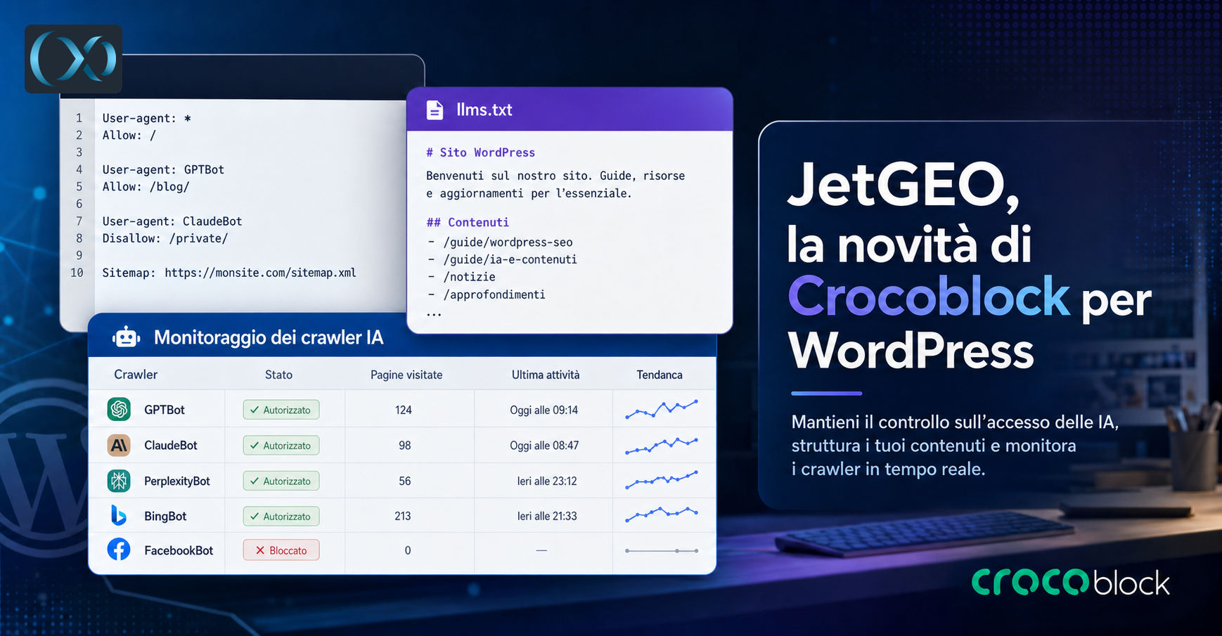 Grafica promozionale di JetGEO con pannelli che mostrano file llms.txt, regole per bot IA e una tabella di monitoraggio dei crawler in un’interfaccia WordPress.
