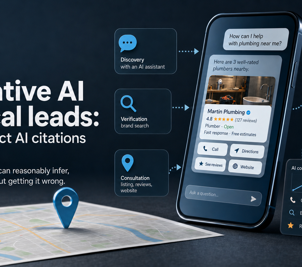 A dark blue infographic shows a smartphone with a local business result, a map with a location pin, and arrows linking AI discovery to calls, branded search, reviews, and measurement.