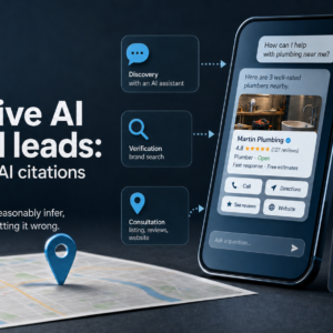A dark blue infographic shows a smartphone with a local business result, a map with a location pin, and arrows linking AI discovery to calls, branded search, reviews, and measurement.