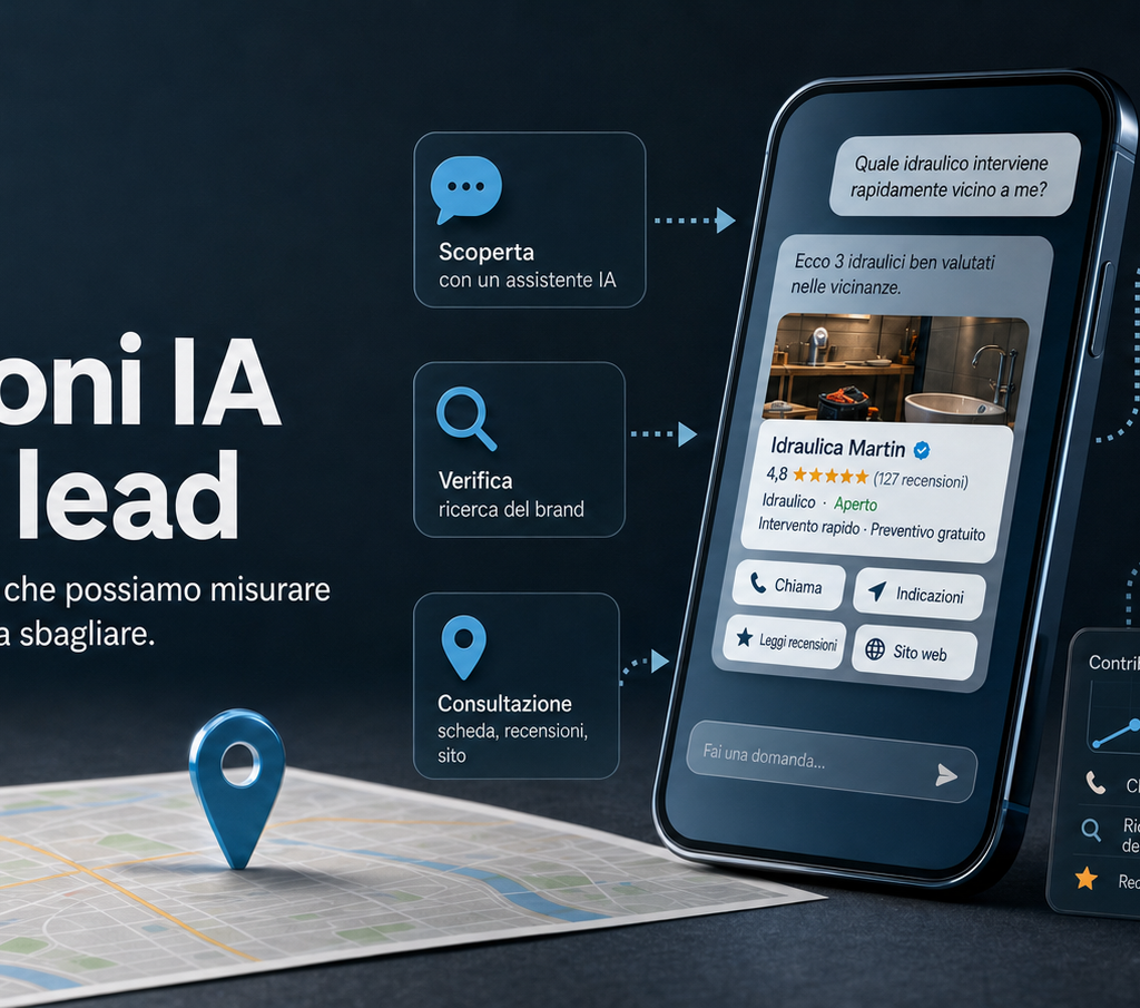 Grafica con uno smartphone che mostra risultati locali e un percorso visivo dalla scoperta tramite assistente IA alla chiamata, alla ricerca del brand e alla misurazione dei lead.