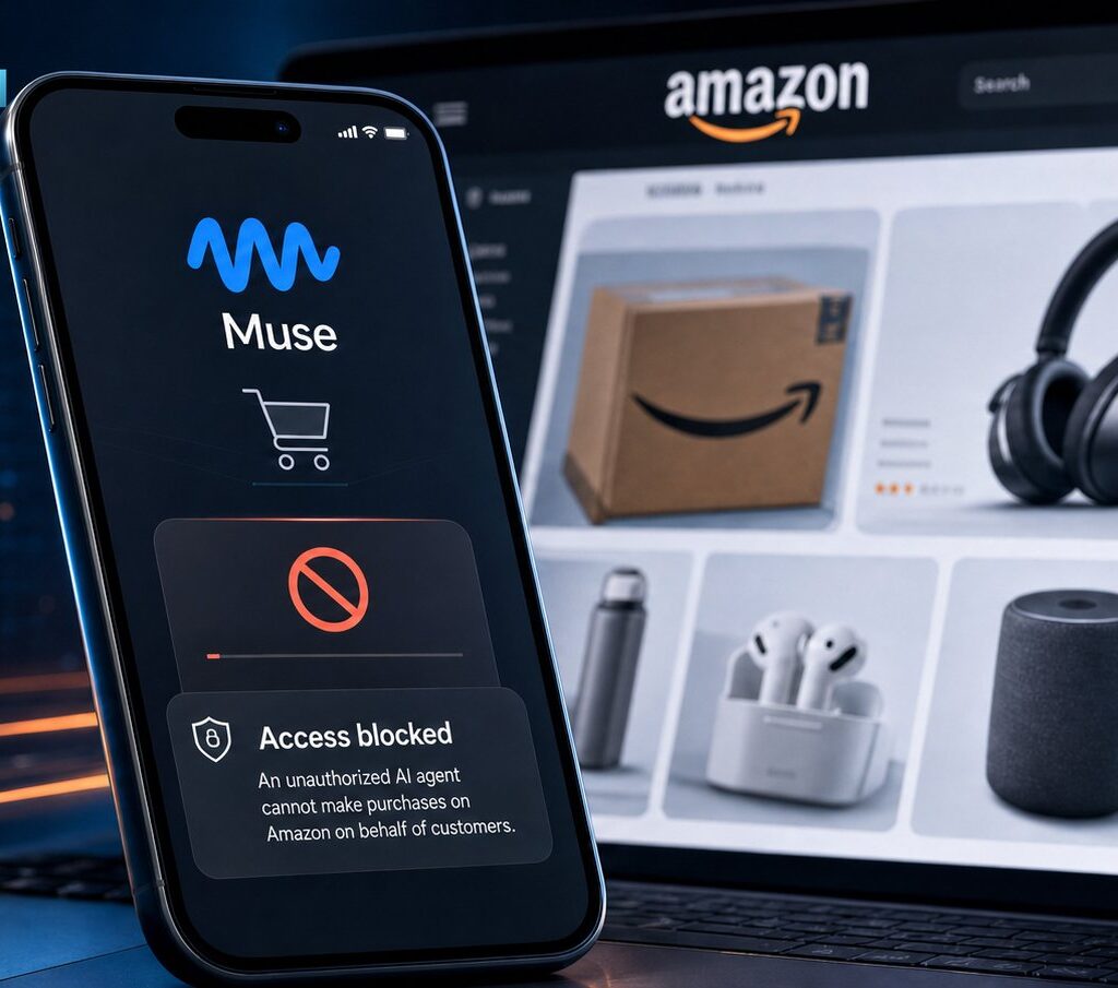 Smartphone screen showing Meta’s Muse app with an access blocked message in front of an Amazon shopping page on a laptop, with a padlock icon in the background.