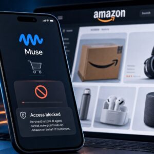 Smartphone screen showing Meta’s Muse app with an access blocked message in front of an Amazon shopping page on a laptop, with a padlock icon in the background.
