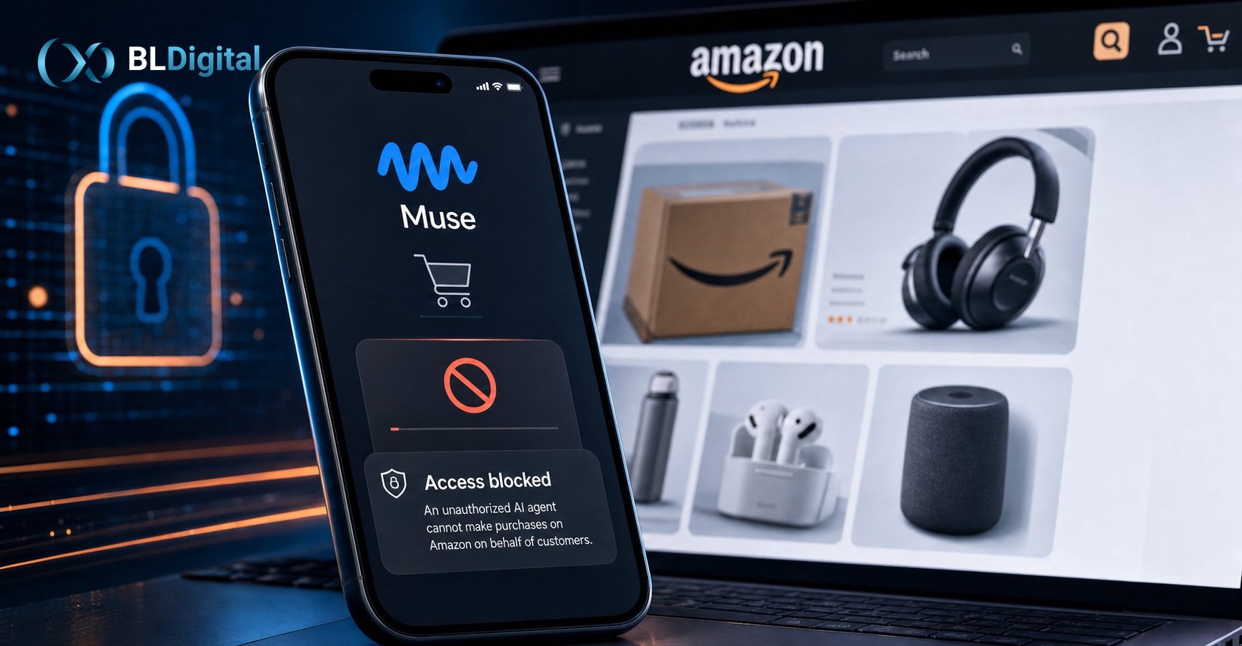Smartphone screen showing Meta’s Muse app with an access blocked message in front of an Amazon shopping page on a laptop, with a padlock icon in the background.