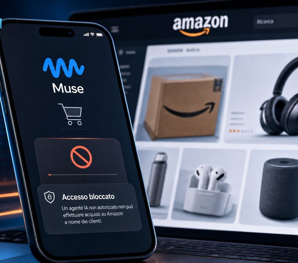 Smartphone con la schermata di Muse e un avviso di accesso bloccato davanti a un computer aperto sul sito di Amazon con alcuni prodotti visibili.