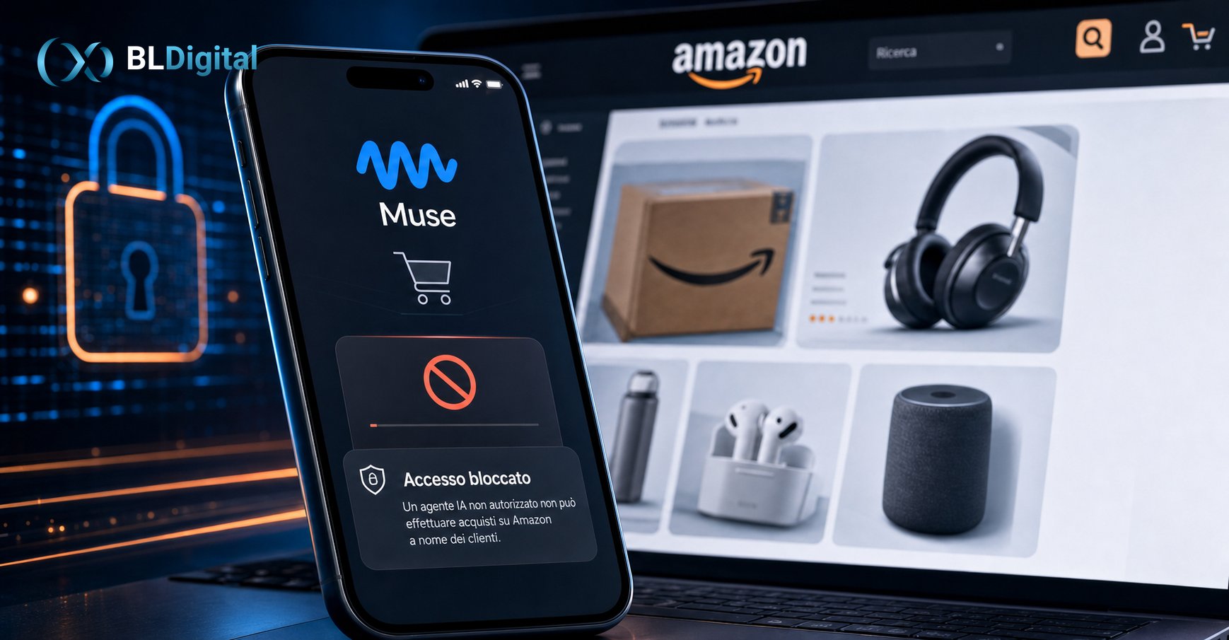 Smartphone con la schermata di Muse e un avviso di accesso bloccato davanti a un computer aperto sul sito di Amazon con alcuni prodotti visibili.