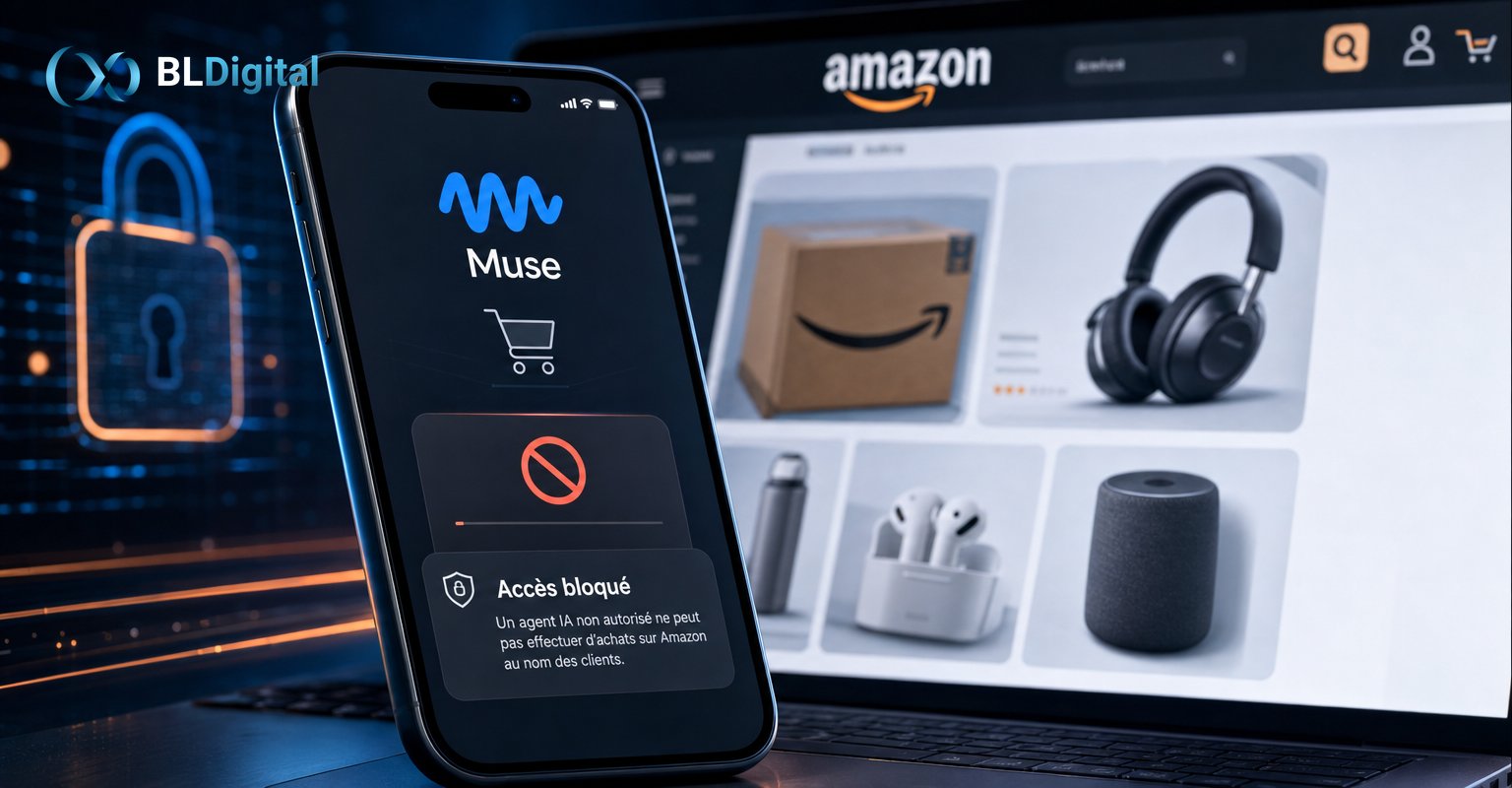 Illustration de couverture : Amazon bloque l’Agent Muse de Meta sur sa Boutique