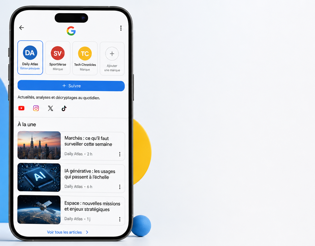 Un smartphone affiche un profil Google avec plusieurs marques média, des icônes de réseaux sociaux et une liste d’articles récents sur un fond graphique bleu, jaune et rouge.