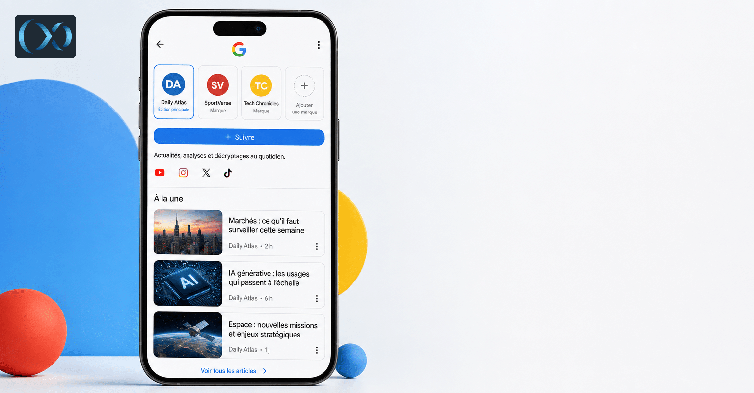 Un smartphone affiche un profil Google avec plusieurs marques média, des icônes de réseaux sociaux et une liste d’articles récents sur un fond graphique bleu, jaune et rouge.