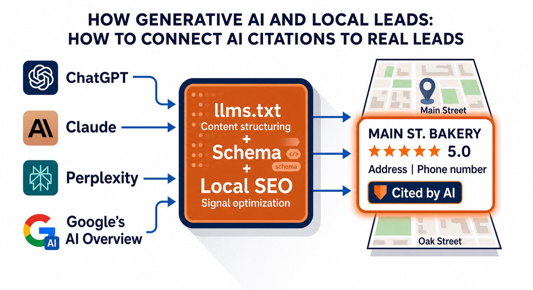Generative AI and local leads: how to connect AI citations to real leads 1 Diagram showing AI assistants feeding into local SEO elements and a map card for a bakery marked as cited by AI.