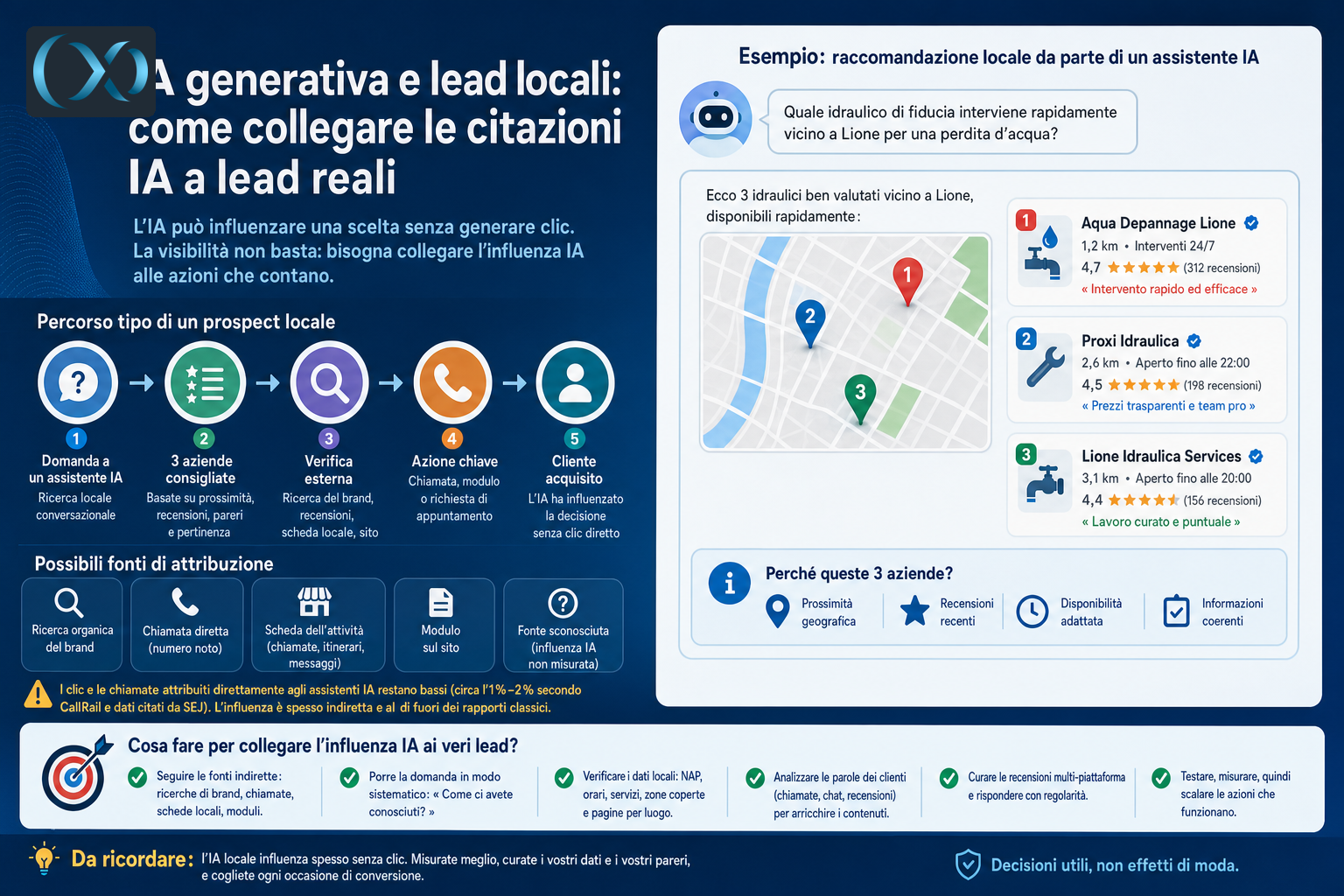 IA generativa e lead locali: come collegare le citazioni IA a lead reali 2 Infografica in italiano con un percorso a tappe tra assistente IA, ricerca del brand, chiamata e cliente, accanto a un esempio di raccomandazioni locali su mappa per tre idraulici.