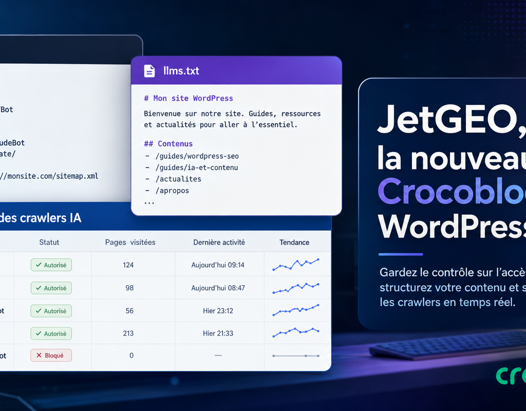 Visuel promotionnel montrant des panneaux robots.txt, llms.txt et un tableau de suivi de crawlers IA à côté du nom JetGEO pour WordPress.